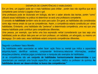 EXEMPLOS DE COMPETÊNCIAS E HABILIDADES
Em um time, um jogador pode ser o mais habilidoso para driblar , porém isso não significa que ele é
competente para concluir a jogada e fazer o gol.
Uma professora pode ter doutorado em biologia, ela tem o saber através das teorias, porém “como”
utilizará essas habilidades na prática irá determinar se será uma professora competente.
O conceito de habilidade também varia de autor para autor. Em geral, as habilidades são consideradas
como algo menos amplo do que as competências. Assim, a competência estaria constituída por várias
habilidades. Entretanto, uma habilidade não "pertence" a determinada competência, uma vez que uma
mesma habilidade pode contribuir para competências diferentes.
Uma pessoa, por exemplo, que tenha uma boa expressão verbal (considerando que isso seja uma
habilidade) pode se utilizar dela para ser um bom professor, um radialista, um advogado, ou mesmo um
demagogo. Em cada caso, essa habilidade estará compondo competências diferentes.
Segundo o professor Vasco Moretto:
“As habilidades estão associadas ao saber fazer: ação física ou mental que indica a capacidade
adquirida.Assim, identificar variáveis, compreender fenômenos,relacionar informações, analisar
situações-problema, sintetizar,julgar,correlacionar e manipular,são exemplos de habilidades.
Já as competências são um conjunto de habilidades harmonicamente desenvolvidas e que
caracterizam por exemplo uma função específica: ser arquiteto, médico ou professor de química. As
habilidades devem ser desenvolvidas na busca das competências.”
 