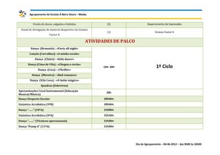 Agrupamento de Escolas À Beira Douro - Medas


          Venda de doces, salgados e bebidas               (2)                   Departamento de Expressões
 Stand de divulgação de material desportivo do Ginásio
                                                            (1)                        Ginásio Factor X
                       Factor X

                                                   ATIVIDADES DE PALCO
         Dança (Branzelo) : «Party all night»
        Canção (Carvalhos): «A minha escola»
            Dança (Chães) : «Kids dance»
       Dança (Cimo de Vila) : «Chegou o verão»
                                                         19H- 20H                       1º Ciclo
              Dança (Lixa) : «Thriller»
          Dança (Moreira) : «Bad romance»
        Dança (Vila Cova) : «O balão mágico»
                Quadras (Zebreiros)
Apresentações Coral Instrumental (Educação
                                                           20h
Musical/Música)
Dança Desporto Escolar                                    20h40m
Ginástica Acrobática (9ºB)                                20h50m
Dança “……” (10ºA)                                         21h00m
Ginástica Acrobática (9ºA)                                21h10m
Dança “…….” (Técnicos operacionais)                       21h20m
Dança “Pump it” (11ºA)                                    21h30m




                                                                         Dia do Agrupamento – 06-06-2012 – das 9h00 às 24h00
 