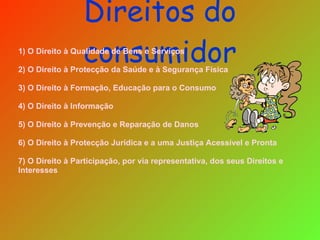 Direitos do consumidor 1) O Direito à Qualidade de Bens e Serviços 2) O Direito à Protecção da Saúde e à Segurança Física 3) O Direito à Formação, Educação para o Consumo   4) O Direito à Informação   5) O Direito à Prevenção e Reparação de Danos 6) O Direito à Protecção Jurídica e a uma Justiça Acessível e Pronta   7) O Direito à Participação, por via representativa, dos seus Direitos e Interesses 