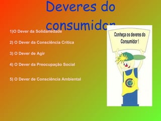 Deveres do consumidor 1)O Dever da Solidariedade  2) O Dever da Consciência Crítica  3) O Dever de Agir  4) O Dever da Preocupação Social 5) O Dever de Consciência Ambiental   