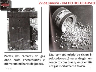 26-01-11 27 de Janeiro - DIA DO HOLOCAUSTO Portas das câmaras de gás onde eram encarcerados e morreram milhares de judeus. Lata com granulado de ciclon B, colocado nas câmaras de gás; em contacto com o ar quente emitia um gás mortalmente tóxico. 