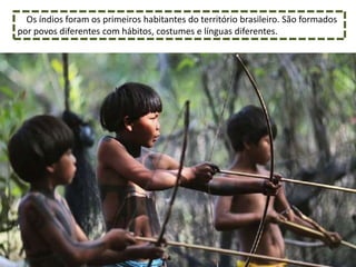 Os índios foram os primeiros habitantes do território brasileiro. São formados
por povos diferentes com hábitos, costumes e línguas diferentes.
 