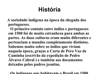 História
A sociedade indígena na época da chegada dos
portugueses.
O primeiro contato entre índios e portugueses
em 1500 foi de muita estranheza para ambas as
partes. As duas culturas eram muito diferentes e
pertenciam a mundos completamente distintos.
Sabemos muito sobre os índios que viviam
naquela época, graças a Carta de Pero Vaz de
Caminha (escrivão da expedição de Pedro
Álvares Cabral ) e também aos documentos
deixados pelos padres jesuítas.
 