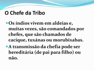 O Chefe da Tribo
 Os índios vivem em aldeias e,

muitas vezes, são comandados por
chefes, que são chamados de
cacique, tuxánas ou morubixabas.
 A transmissão da chefia pode ser
hereditária (de pai para filho) ou
não.

 