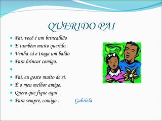 QUERIDO PAI Pai, você é um brincalhão E também muito querido. Venha cá e traga um balão Para brincar comigo.    Pai, eu gosto muito de si. É o meu melhor amigo. Quero que fique aqui  Para sempre, comigo .  Gabriela 