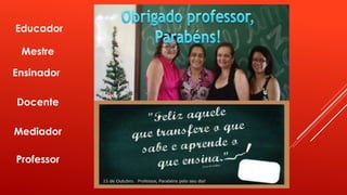 Educador 
Mestre 
Ensinador 
Docente 
Mediador 
Professor 
 