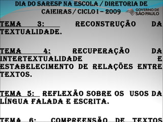 TEMA 3:  RECONSTRUÇÃO DA TEXTUALIDADE. TEMA 4:  RECUPERAÇÃO DA INTERTEXTUALIDADE E ESTABELECIMENTO DE RELAÇÕES ENTRE TEXTOS. TEMA  5:  REFLEXÃO SOBRE OS  USOS DA LÍNGUA FALADA E ESCRITA. TEMA 6;  COMPREENSÃO DE TEXTOS LITERÁRIOS   