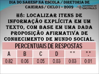 H8: localizar itens de informação explícita em um texto, com base em uma dada proposição afirmativa de conhecimento de mundo social. 