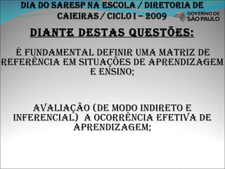 DIANTE DESTAS QUESTÕES: É FUNDAMENTAL DEFINIR UMA MATRIZ DE REFERÊNCIA EM SITUAÇÕES DE APRENDIZAGEM E ENSINO; AVALIAÇÃO (DE MODO INDIRETO E INFERENCIAL)  A OCORRÊNCIA EFETIVA DE APRENDIZAGEM; 