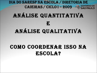 Análise quantitativa e  análise qualitativa Como coordenar isso na escola? 