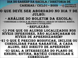 O que deve ser abordado no dia 7 de julho: análise do boletim da escola; considerar a escala de proficiência (abaixo do básico, básico, adequado e avançado)  reflexão:  1) por que os alunos localizados nos níveis inferiores, não alcançaram os níveis de aprendizagem? 2) o que é preciso modificar, incluir ou consolidar para garantir, a cada aluno, seu direito de aprender? 3) qual a intersecção do plano de ensino, rotina, matriz curricular e currículo?  