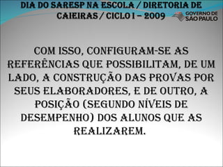 Com ISSO, CONFIGURAM-SE AS REFERÊNCIAS QUE POSSIBILITAM, DE UM LADO, A CONSTRUÇÃO DAS PROVAS POR SEUS ELABORADORES, E DE OUTRO, A POSIÇÃO (SEGUNDO NÍVEIS DE DESEMPENHO) DOS ALUNOS QUE AS REALIZAREM.  