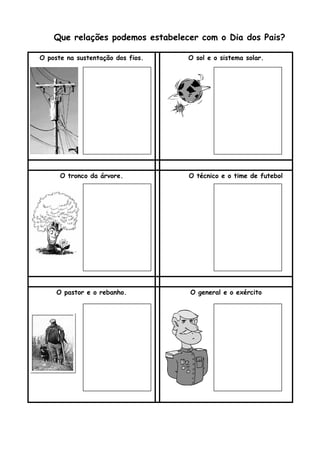 Que relações podemos estabelecer com o Dia dos Pais?
O poste na sustentação dos fios. O sol e o sistema solar.
O tronco da árvore. O técnico e o time de futebol
O pastor e o rebanho. O general e o exército
 