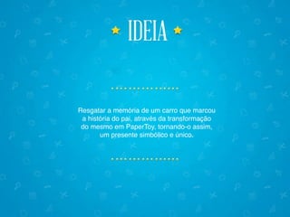 ideiaideia
Resgatar a memória de um carro que marcou
a história do pai, através da transformação
do mesmo em PaperToy, tornando-o assim,
um presente simbólico e único.
 