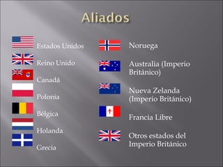 Estados Unidos  Reino Unido Canadá Polonia Bélgica Holanda Grecia Noruega Australia (Imperio Británico) Nueva Zelanda (Imperio Británico) Francia Libre Otros estados del Imperio Británico 