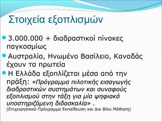 Στοιχεία εξοπλισμών 
3.000.000 + διαδραστικοί πίνακες 
παγκοσμίως 
Αυστραλία, Ηνωμένο Βασίλειο, Καναδάς 
έχουν τα πρωτεία 
Η Ελλάδα εξοπλίζεται μέσα από την 
πράξη: «Πρόγραμμα ππιιλλοοττιικκήήςς εειισσααγγωωγγήήςς 
δδιιααδδρραασσττιικκώώνν σσυυσσττηημμάάττωωνν κκααιι σσυυννααφφοούύςς 
εεξξοοππλλιισσμμοούύ σσττηηνν ττάάξξηη γγιιαα μμίίαα ψψηηφφιιαακκάά 
υυπποοσσττηηρριιζζόόμμεεννηη δδιιδδαασσκκααλλίίαα» .. 
(Επιχειρησιακό Πρόγραμμα Εκπαίδευση και Δια Βίου Μάθηση) 
 