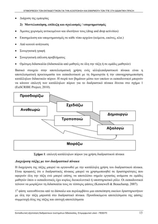 ΕΠΙΜΟΡΦΩΣΗ ΤΩΝ ΕΚΠΑΙΔΕΥΤΙΚΩΝ ΓΙΑ ΤΗΝ ΑΞΙΟΠΟΙΗΣΗ ΚΑΙ ΕΦΑΡΜΟΓΗ ΤΩΝ ΤΠΕ ΣΤΗ ΔΙΔΑΚΤΙΚΗ ΠΡΑΞΗ


•   Διάχυση της εμπειρίας
    2) Μοντελοποίηση, επίδειξη και σχολιασμός / υπομνηματισμός

•   Άμεσος χειρισμός αντικειμένων και ιδιοτήτων τους (drag and drop activities)

•   Επισημείωση και υπομνηματισμός σε κάθε τύπο αρχείου (κείμενα, εικόνες, κλπ.)

•   Από κοινού ανάγνωση

•   Συνεργατική γραφή

•   Συνεργατική επίλυση προβλήματος

•   Ομότιμη διδασκαλία (διδασκαλία από μαθητές σε όλη την τάξη ή σε ομάδες μαθητών)
Βασικό στοιχείο στην αποτελεσματική χρήση ενός αλληλεπιδραστικού πίνακα είναι η
αποτελεσματική προετοιμασία του εκπαιδευτικού με τη δημιουργία ή την επαναχρησιμοποίηση
κατάλληλων διδακτικών πόρων. Η σειρά των βημάτων μέσω των οποίων οι εκπαιδευτικοί μπορούν
να κάνουν επιλογή των κατάλληλων πόρων για το διαδραστικό πίνακα δίνεται στο σχήμα 1
(EuSCRIBE Project, 2010).

    Προσδιορίζω

                                                 Σχεδιάζω
     Αναθεωρώ
                                                                                            Δημιουργώ
                                             Τροποποιώ

                                                                                        Αξιολογώ



                                                  Μοιράζω

                  Σχήμα 1: επιλογή κατάλληλων πόρων για χρήση διαδραστικού πίνακα

Διαχείριση τάξης με τον διαδραστικό πίνακα
Η διαχείριση της τάξης μπορεί να οργανωθεί με την κατάλληλη χρήση του διαδραστικού πίνακα.
Είναι προφανές ότι ο διαδραστικός πίνακας μπορεί να χρησιμοποιηθεί σε δραστηριότητες που
αφορούν όλη την τάξη ενώ μπορεί επίσης να αποτελέσει σημείο εργασίας ανάμεσα σε ομάδες
μαθητών όπου ο εκπαιδευτικός έχει κυρίως διευκολυντικό ή υποστηρικτικό ρόλο. Οι εκπαιδευτικοί
τείνουν να μοιράζουν τη διδασκαλία τους σε τέσσερις φάσεις (Kennewell & Beauchamp, 2007).

1η φάση: κατευθύνεται από το δάσκαλο και περιλαμβάνει μια επισκόπηση οικείων δραστηριοτήτων
με όλη την τάξη μπροστά στο διαδραστικό πίνακα. Προσδοκώμενα αποτελέσματα της φάσης:
συμμετοχή όλης της τάξης και επιτυχή αποτελέσματα



Εκπαιδευτική αξιοποίηση διαδραστικών συστημάτων διδασκαλίας, Επιμορφωτικό υλικό - ΠΕ60/70               13
 