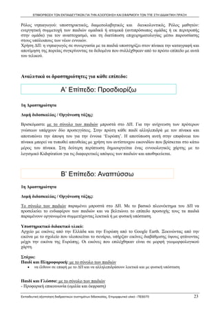 ΕΠΙΜΟΡΦΩΣΗ ΤΩΝ ΕΚΠΑΙΔΕΥΤΙΚΩΝ ΓΙΑ ΤΗΝ ΑΞΙΟΠΟΙΗΣΗ ΚΑΙ ΕΦΑΡΜΟΓΗ ΤΩΝ ΤΠΕ ΣΤΗ ΔΙΔΑΚΤΙΚΗ ΠΡΑΞΗ


Ρόλος νηπιαγωγού: υποστηρικτικός, διαμεσολαβητικός και διευκολυντικός. Ρόλος μαθητών:
ενεργητική συμμετοχή των παιδιών ομαδικά ή ατομικά (αντιπρόσωπος ομάδας ή εκ περιτροπής
στην ομάδα) για τον αναστοχασμό, και τη διατύπωση επιχειρηματολογίας μέσω παρουσίασης
στους υπόλοιπους των νέων εννοιών.
Χρήση ΔΠ: η νηπιαγωγός σε συνεργασία με τα παιδιά υποστηρίζει στον πίνακα την καταγραφή και
αποτίμηση της πορείας συγκρίνοντας τα δεδομένα που συλλέχθηκαν από το πρώτο επίπεδο με αυτά
του τελικού.



Αναλυτικά οι δραστηριότητες για κάθε επίπεδο:

                           Α’ Επίπεδο: Προσδιορίζω

1η Δραστηριότητα

Δομή διδασκαλίας / Οργάνωση τάξης:

Βρισκόμαστε με το σύνολο των παιδιών μπροστά στο ΔΠ. Για την ανίχνευση των πρότερων
γνώσεων υπάρχουν δύο προσεγγίσεις. Στην πρώτη κάθε παιδί αλληλεπιδρά με τον πίνακα και
αποτυπώνει την άποψη του για την έννοια ‘Ευρώπη’. Η αποτύπωση αυτή στην επιφάνεια του
πίνακα μπορεί να τυπωθεί απευθείας με χρήση του αντίστοιχου εικονιδίου που βρίσκεται στο κάτω
μέρος του πίνακα. Στη δεύτερη περίπτωση δημιουργείται ένας εννοιολογικός χάρτης με το
λογισμικό Kidspiration για τις διαφορετικές απόψεις των παιδιών και αποθηκεύεται.



                           Β’ Επίπεδο: Αναπτύσσω
1η Δραστηριότητα

Δομή διδασκαλίας / Οργάνωση τάξης:

Το σύνολο των παιδιών παραμένει μπροστά στο ΔΠ. Με το βασικό πλεονέκτημα του ΔΠ να
προσελκύει το ενδιαφέρον των παιδιών και να βελτιώνει το επίπεδο προσοχής τους τα παιδιά
παραμένουν οργανωμένα συμμετέχοντας λεκτικά ή με φυσική υπόσταση.

Υποστηρικτικό διδακτικό υλικό:
Αρχείο με εικόνες από την Ελλάδα και την Ευρώπη από το Google Earth. Ξεκινώντας από την
εικόνα με το σχολείο που υλοποιείται το σενάριο, υπήρξαν εικόνες διαβάθμισης ύψους φτάνοντας
μέχρι την εικόνα της Ευρώπης. Οι εικόνες που επιλέχθηκαν είναι σε μορφή γεωμορφολογικού
χάρτη.

Στόχοι:
Παιδί και Πληροφορική: με το σύνολο των παιδιών
    •    να έλθουν σε επαφή με το ΔΠ και να αλληλεπιδράσουν λεκτικά και με φυσική υπόσταση


Παιδί και Γλώσσα: με το σύνολο των παιδιών
- Προφορική επικοινωνία (ομιλία και έκφραση)

Εκπαιδευτική αξιοποίηση διαδραστικών συστημάτων διδασκαλίας, Επιμορφωτικό υλικό - ΠΕ60/70          23
 