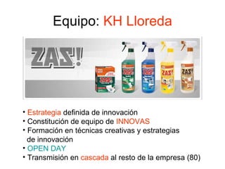 Equipo:  KH Lloreda Estrategia  definida de innovación Constitución de equipo de  INNOVAS Formación en técnicas creativas y estrategias de innovación OPEN DAY Transmisión en  cascada  al resto de la empresa (80) 