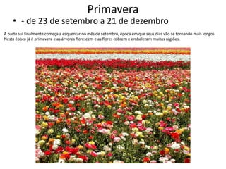 Primavera

• - de 23 de setembro a 21 de dezembro
A parte sul finalmente começa a esquentar no mês de setembro, época em que seus dias vão se tornando mais longos.
Nesta época já é primavera e as árvores florescem e as flores cobrem e embelezam muitas regiões.

 