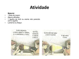 Atividade
•
•
•
•

Material:
1 Bola de isopor;
Alguns alfinetes.
1 agulha de tricô ou arame reto parecido
com a agulha
Lanterna ou Abajur.

 