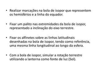 • Realizar marcações na bola de isopor que representem
os hemisférios e a linha do equador.

• Fixar um palito nas extremidades da bola de isopor,
representado a inclinação do eixo terrestre.
• Fixar os alfinetes sobre as linhas latitudinais
desenhadas na bola de isopor, tendo como referência,
uma mesma linha longitudinal ao longo da esfera.
• Com a bola de isopor, simular a rotação terrestre
utilizando a lanterna como fonte de luz (Sol).

 