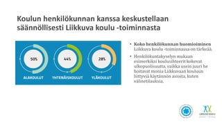 Koulun henkilökunnan kanssa keskustellaan
säännöllisesti Liikkuva koulu -toiminnasta
• Koko henkilökunnan huomioiminen
Liikkuva koulu -toiminnassa on tärkeää.
• Henkilökuntakyselyn mukaan
esimerkiksi koulusihteerit kokevat
ulkopuolisuutta, vaikka usein juuri he
hoitavat monia Liikkuvaan kouluun
liittyviä käytännön asioita, kuten
välinetilauksia.
 