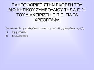 ΠΛΗΡΟΦΟΡΙΕΣ ΣΤΗΝ ΕΚΘΕΣΗ ΤΟΥ
ΔΙΟΙΚΗΤΙΚΟΥ ΣΥΜΒΟΥΛΙΟΥ ΤΗΣ Α.Ε. Ή
ΤΟΥ ΔΙΑΧΕΙΡΙΣΤΗ Ε.Π.Ε. ΓΙΑ ΤΑ
ΧΡΕΟΓΡΑΦΑ
Στην άνω έκθεση περιλαμβάνεται ανάλυση κατ’ είδος χρεογράφου ως εξής:
1) Τιμή μονάδος
2) Συνολικά ποσά
 