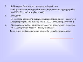 2. Ανάλωση αποθεμάτων για την παραγωγή προϊόντων
Αυτή η περίπτωση καταχωρείται στους λογαριασμούς της 9ης ομάδας
του Ε.Γ.Λ.Σ. ( αναλυτική λογιστική).
3. Ελλείμματα
Οι διαφορές απογραφής καταχωρούνται ποσοτικά και κατ’ αξία στους
λογαριασμούς της 9ης ομάδας του Ε.Γ.Λ.Σ. ( αναλυτική λογιστική ).
4. Μειώσεις οριστικές οι οποίες καταχωρούνται στην πίστωση του λ/σμού
78 ‹‹ Ιδιοπαραγωγη παγίων – Τεκμαρτά έσοδα ››
Σε αυτή την περίπτωση έχουμε τις εξής λογιστικές καταχωρήσεις:
 