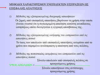 ΜΕΘΟΔΟΙ ΧΑΡΑΚΤΗΡΙΣΜΟΥ ΕΝΕΠΙΔΕΚΤΩΝ ΕΙΣΠΡΑΞΕΩΝ ΩΣ
ΕΠΙΣΦΑΛΗΣ ΑΠΑΙΤΗΣΕΙΣ
1) Μέθοδος της εξατομικευμένης διαγραφής απαιτήσεων
Οι ζημιές από επισφαλείς απαιτήσεις βαρύνουν τη χρήση στην οποία
γίνεται γνωστό ότι η συγκεκριμένη απαίτηση κατέστη ανεπίδεκτος
εισπράξεως οπότε διενεργείται η εγγραφή αποσβέσεως της .
2) Μέθοδος της εξατομικευμένης εκτίμησης του εισπρακτέου από τις
απαιτήσεις ποσού
Το ύψος των απωλειών από επισφαλείς απαιτήσεις εκτιμάται από το
χρόνο που παραμένει ανείσπρακτη η απαίτηση από τους πελάτες.
3) Μέθοδος της ποσοστιαίας εκτιμήσεως του εισπρακτέου από τις
απαιτήσεις ποσού
ΥΨΟΣ ΑΠΩΛΕΙΩΝ =
Σύνολο απωλειών από επισφαλείς πελάτες σε
προηγούμενες χρήσεις
Σύνολο απαιτήσεων στις αντίστοιχες
προηγούμενης χρήσης
 
