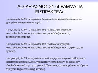 ΛΟΓΑΡΙΑΣΜΟΣ 31 ‹‹ΓΡΑΜΜΑΤΙΑ
ΕΙΣΠΡΑΚΤΕΑ››
Λογαριασμός 31.00 ‹‹Γραμμάτια Εισπρακτέα››: παρακολουθούνται τα
γραμμάτια εισπρακτέα σε ευρώ.
Λογαριασμός 31.01 ‹‹Γραμμάτια στις Τράπεζες για είσπραξη››:
παρακολουθούνται τα γραμμάτια που μεταβιβάζονται στις
τράπεζες για είσπραξη.
Λογαριασμός 31.02 ‹‹Γραμμάτια στις Τράπεζες σε εγγύηση››:
παρακολουθούνται τα γραμμάτια που μεταβιβάζονται στις τράπεζες σε
εγγύηση.
Λογαριασμός 31.03 ‹‹Γραμμάτια σε καθυστέρηση››: παρακολουθούνται οι
απαιτήσεις κατά οφειλετών γραμματίων εισπρακτέων, τα οποία δεν
εξοφλούνται κατά την ημερομηνία λήξεως τους και παραμένουν απλήρωτα
στα χέρια της οικονομικής μονάδας.
 