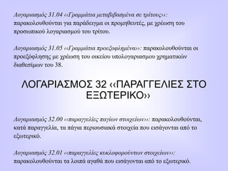 Λογαριασμός 31.04 ‹‹Γραμμάτια μεταβιβασμένα σε τρίτους››:
παρακολουθούνται για παράδειγμα οι προμηθευτές, με χρέωση του
προσωπικού λογαριασμού του τρίτου.
Λογαριασμός 31.05 ‹‹Γραμμάτια προεξοφλημένα››: παρακολουθούνται οι
προεξόφλησης με χρέωση του οικείου υπολογαριασμου χρηματικών
διαθεσίμων του 38.
ΛΟΓΑΡΙΑΣΜΟΣ 32 ‹‹ΠΑΡΑΓΓΕΛΙΕΣ ΣΤΟ
ΕΞΩΤΕΡΙΚΟ››
Λογαριασμός 32.00 ‹‹παραγγελίες παγίων στοιχείων››: παρακολουθούνται,
κατά παραγγελία, τα πάγια περιουσιακά στοιχεία που εισάγονται από το
εξωτερικό.
Λογαριασμός 32.01 ‹‹παραγγελίες κυκλοφορούντων στοιχείων››:
παρακολουθούνται τα λοιπά αγαθά που εισάγονται από το εξωτερικό.
 