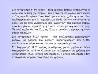 Στο λογαριασμό 54.04 «φόροι - τέλη αμοιβών τρίτων» πιστώνονται οι
φόροι και τα τέλη χαρτοσήμου που η οικονομική μονάδα παρακρατεί
από τις αμοιβές τρίτων. Στον ίδιο λογαριασμό, με χρέωση των οικείων
υπολογαριασμών του 61 «αμοιβές και έξοδα τρίτων» πιστώνονται οι
φόροι και τα τέλη χαρτοσήμου που αναλογούν στις αμοιβές τρίτων,
όταν δεν γίνεται παρακράτηση ή όταν γίνεται μερική παρακράτηση.
Το αυτό ισχύει και για όλες τις άλλες περιπτώσεις παρακρατημένων
φόρων και τελών.
Στο λογαριασμό 54.05 «φόροι - τέλη κυκλοφορίας μεταφορικών
μέσων», με χρέωση των οικείων υπολογαριασμών του 63.03,
πιστώνονται οι φόροι και τα τέλη των μεταφορικών μέσων.
Στο λογαριασμό 54.07 «φόρος εισοδήματος φορολογητέων κερδών»
καταχωρούνται, κατά το κλείσιμο του ισολογισμού, με χρέωση του
λογαριασμού 88.08 «φόρος εισοδήματος», ο φόρος εισοδήματος που
αναλογεί στα φορολογητέα κέρδη της χρήσεως.
 