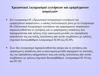 Χρεωστικοί λογαριασμοί εγγυήσεων και εμπράγματων
ασφαλειών
 Στο λογαριασμό 02 «Χρεωστικοί λογαριασμοί εγγυήσεων και
εμπράγματων ασφαλειών», ο οποίος συλλειτουργεί μόνο με το λογαριασμό
06 «Πιστωτικοί λογαριασμοί εγγυήσεων και εμπράγματων ασφαλειών»
παρακολουθούνται οι εγγυήσεις και οι εμπράγματες ασφάλειες που
παραχωρούνται από τρίτους στην οικονομική μονάδα για εξασφάλιση
απαιτήσεών της και καλής εκτελέσεως από αυτήν συμβάσεων με τρίτους
(σχετικοί δευτεροβάθμιοι λογαριασμοί 02.00 έως 02.09).
 Στον ίδιο λογαριασμό παρακολουθούνται ακόμα και οι εγγυήσεις και
εμπράγματες ασφάλειες που η οικονομική μονάδα παραχωρεί σε πιστωτές
της για εξασφάλιση υποχρεώσεων τους και καλής εκτελέσεως από αυτήν
συμβάσεων με τρίτους (σχετικοί δευτεροβάθμιοι λογαριασμοί 02.10 έως
και 02.19)
 