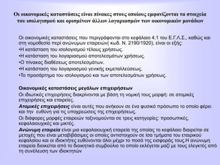 Οι οικονομικές καταστάσεις είναι πίνακες στους οποίους εμφανίζονται τα στοιχεία
του ισολογισμού και ορισμένων άλλων λογαριασμών των οικονομικών μονάδων
Οι οικονομικές καταστάσεις που περιγράφονται στο κεφάλαιο 4.1 του Ε.Γ.Λ.Σ., καθώς και
στη νομοθεσία περί ανώνυμων εταιρειών( κωδ. Ν. 2190/1920), είναι οι εξής:
•Η κατάσταση του ισολογισμού τέλους χρήσεως.
•Η κατάσταση του λογαριασμού αποτελεσμάτων χρήσεως.
•Ο πίνακας διαθέσεως αποτελεσμάτων.
•Η κατάσταση του λογαριασμού γενικής εκμεταλλεύσεως.
•Το προσάρτημα του ισολογισμού και των αποτελεσμάτων χρήσεως.
Οικονομικές καταστάσεις μεγάλων επιχειρήσεων
Οι ιδιωτικές επιχειρήσεις διακρίνονται με βάση τη νομική τους μορφή: σε ατομικές
επιχειρήσεις και εταιρείες.
Ατομικές επιχειρήσεις είναι αυτές που ανήκουν σε ένα φυσικό πρόσωπο το οποίο φέρει
και την ευθύνη για τις υποχρεώσεις της επιχειρήσεως.
Οι διάφορες μορφές εταιρειών ταξινομούνται σε τρεις κατηγορίες: προσωπικές,
κεφαλαιουχικές και μικτές.
Ανώνυμη εταιρεία είναι μια κεφαλαιουχική εταιρεία της οποίας το κεφάλαιο διαιρείται σε
μετοχές που είναι μεταβιβάσιμες οι οποίες αντιστοιχούν σε ίσα τμήματα του εταιρικού
κεφαλαίου και οι ιδιοκτήτες ευθύνονται όλοι μέχρι το ποσό της εισφοράς τους.Η ανώνυμη
εταιρεία διοικείται από το διοικητικό συμβούλιο το οποίο εκλέγεται μαζί με τους ελεγκτές από
τη συνέλευση των ιδιοκτητών
 