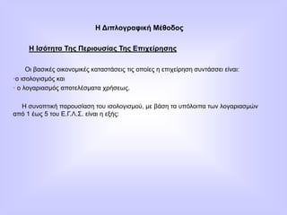 Η Διπλογραφική Μέθοδος
Η Ισότητα Της Περιουσίας Της Επιχείρησης
Οι βασικές οικονομικές καταστάσεις τις οποίες η επιχείρηση συντάσσει είναι:
•ο ισολογισμός και
• ο λογαριασμός αποτελέσματα χρήσεως.
Η συνοπτική παρουσίαση του ισολογισμού, με βάση τα υπόλοιπα των λογαριασμών
από 1 έως 5 του Ε.Γ.Λ.Σ. είναι η εξής:
 