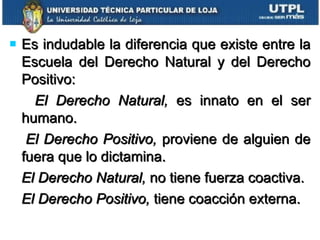Es indudable la diferencia que existe entre la Escuela del Derecho Natural y del Derecho Positivo: El Derecho Natural,  es innato en el ser humano. El Derecho Positivo,  proviene de alguien de fuera que lo dictamina. El Derecho Natural,  no tiene fuerza coactiva. El Derecho Positivo,  tiene coacción externa. 