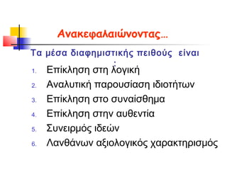 Ανακεφαλαιώνοντας…
Τα μέσα διαφημιστικής πειθούς είναι
                 :
1.   Επίκληση στη λογική
2.   Αναλυτική παρουσίαση ιδιοτήτων
3.   Επίκληση στο συναίσθημα
4.   Επίκληση στην αυθεντία
5.   Συνειρμός ιδεών
6.   Λανθάνων αξιολογικός χαρακτηρισμός
 