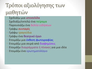 Τρόποι αξιολόγησης των μαθητών 
•Σχεδιάζω μια ιστοσελίδα 
•Σχεδιάζω/εκτελώ ένα πείραμα 
•Παρουσιάζω ένα δελτίο ειδήσεων 
•Γράφω συνταγές 
•Γράφω τραγούδια 
•Γράφω ένα θεατρικό έργο 
•Ετοιμάζω μια έκθεση φωτογραφίας 
•Ετοιμάζω μια σειρά από διαφημίσεις 
•Ετοιμάζω διαγράμματα ή πίνακες για μια ιδέα 
•Ετοιμάζω ένα ερωτηματολόγιο  