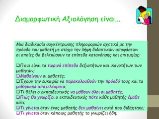 Διαμορφωτική Αξιολόγηση είναι... 
Μια διαδικασία συγκέντρωσης πληροφοριών σχετικά με την πρόοδο του μαθητή με στόχο την λήψη διδακτικών αποφάσεων οι οποίες θα βελτιώσουν τα επίπεδα κατανόησης και επιτυχίας: 
Ποια είναι τα τωρινά επίπεδα δεξιοτήτων και ικανοτήτων των μαθητών; 
Μαθαίνουν οι μαθητές; 
Έχουν την ευκαιρία να παρακολουθούν την πρόοδό τους και τα μαθησιακά αποτελέσματα; 
Τι θέλει ο εκπαιδευτικός να μάθουν όλοι οι μαθητές; 
Πώς θα γνωρίζει ο εκπαιδευτικός πότε κάθε μαθητής έμαθε κάτι; 
Τι γίνεται όταν ένας μαθητής δεν μαθαίνει αυτό που διδάχτηκε; 
Τι γίνεται όταν κάποιος μαθητής το γνωρίζει ήδη;  