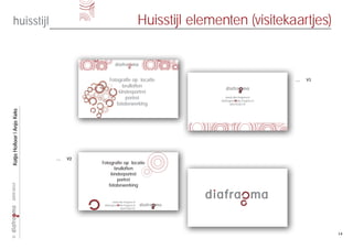 huisstijl                                                 Huisstijl elementen (visitekaartjes)



                                         Fotografie op locatie                                           …   V1
                                               bruiloften
                                             kinderportret
                                                portret                           www.dia-fragma.nl
                                                                               diafragma@dia-fragma.nl
                                            fotobewerking                             0647038137
Katja Hollaar | Anja Keks




                            …   V2
                                     Fotografie op locatie
                                           bruiloften
                                         kinderportret
                                            portret
                                        fotobewerking
2009-2010




                                            www.dia-fragma.nl
                                      diafragma@dia-fragma.nl
                                                 0647038137




                                                                                                                  14
©
 