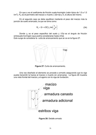 26
En que cf es el coeficiente de fricción suelo-hormigón (valor típico de 1.0 a 1.5
t/m2
), Per es el perímetro del macizo o muerto ( 2(b+d)) y hc la altura del mismo.
En el segundo caso se debe equilibrar mediante el peso del macizo más la
porción de suelo arrancado, la que se toma como:
( ) 





+= φγ
3
1
tan2
sca hdbN (34)
Donde γs es el peso especifico del suelo y 1/3φ es el ángulo de fricción
entresuelo-hormigón (que podría considerarse hasta 2/3φ).
Esto surge de considerar la cuña de arrancamiento que se ve en la figura 27.
Figura 27: Cuña de arrancamiento.
Una vez diseñado el elemento se procede a armarlo asegurando que la viga
pueda transmitir la fuerza al macizo o muerto sin arrancarse. La figura 28 muestra
una vista frontal del macizo y el agarre con la viga de fundación.
Figura 28: Detalle armado
 