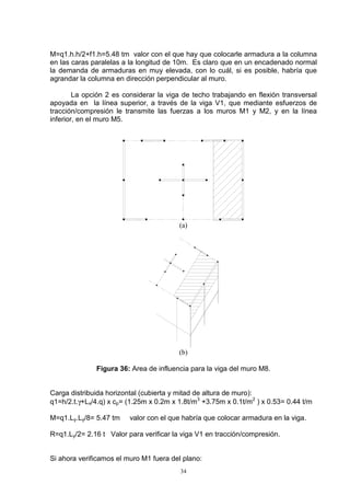 34
M=q1.h.h/2+f1.h=5.48 tm valor con el que hay que colocarle armadura a la columna
en las caras paralelas a la longitud de 10m. Es claro que en un encadenado normal
la demanda de armaduras en muy elevada, con lo cuál, si es posible, habría que
agrandar la columna en dirección perpendicular al muro.
La opción 2 es considerar la viga de techo trabajando en flexión transversal
apoyada en la línea superior, a través de la viga V1, que mediante esfuerzos de
tracción/compresión le transmite las fuerzas a los muros M1 y M2, y en la línea
inferior, en el muro M5.
(a)
(b)
Figura 36: Area de influencia para la viga del muro M8.
Carga distribuida horizontal (cubierta y mitad de altura de muro):
q1=h/2.t.γ+Lx/4.q) x cp= (1.25m x 0.2m x 1.8t/m3
+3.75m x 0.1t/m2
) x 0.53= 0.44 t/m
M=q1.Ly.Ly/8= 5.47 tm valor con el que habría que colocar armadura en la viga.
R=q1.Ly/2= 2.16 t Valor para verificar la viga V1 en tracción/compresión.
Si ahora verificamos el muro M1 fuera del plano:
 