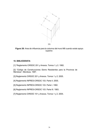36
(b)
Figura 38: Area de influencia para la columna del muro M8 cuando existe apoyo
superior.
10. BIBLIOGRAFIA
[1] “Reglamento CIRSOC 201 y Anexos. Tomos 1 y 2. 1982.
[2] “Código de Construcciones Sismo Resistentes para la Provincia de
Mendoza”. Mendoza. 1987.
[3] Reglamento CIRSOC 201 y Anexos. Tomos 1 y 2. 2005.
[4] Reglamento INPRES-CIRSOC 103. Parte II. 2005.
[5] Reglamento INPRES-CIRSOC 103. Parte I. 1982.
[6] Reglamento INPRES-CIRSOC 103. Parte III. 1983.
[7] Reglamento CIRSOC 101 y Anexos. Tomos 1 y 2. 2005.
 