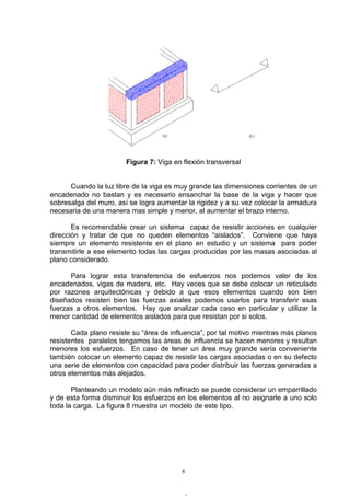 8
Figura 7: Viga en flexión transversal
Cuando la luz libre de la viga es muy grande las dimensiones corrientes de un
encadenado no bastan y es necesario ensanchar la base de la viga y hacer que
sobresalga del muro, así se logra aumentar la rigidez y a su vez colocar la armadura
necesaria de una manera mas simple y menor, al aumentar el brazo interno.
Es recomendable crear un sistema capaz de resistir acciones en cualquier
dirección y tratar de que no queden elementos “aislados”. Conviene que haya
siempre un elemento resistente en el plano en estudio y un sistema para poder
transmitirle a ese elemento todas las cargas producidas por las masas asociadas al
plano considerado.
Para lograr esta transferencia de esfuerzos nos podemos valer de los
encadenados, vigas de madera, etc. Hay veces que se debe colocar un reticulado
por razones arquitectónicas y debido a que esos elementos cuando son bien
diseñados resisten bien las fuerzas axiales podemos usarlos para transferir esas
fuerzas a otros elementos. Hay que analizar cada caso en particular y utilizar la
menor cantidad de elementos aislados para que resistan por si solos.
Cada plano resiste su “área de influencia”, por tal motivo mientras más planos
resistentes paralelos tengamos las áreas de influencia se hacen menores y resultan
menores los esfuerzos. En caso de tener un área muy grande sería conveniente
también colocar un elemento capaz de resistir las cargas asociadas o en su defecto
una serie de elementos con capacidad para poder distribuir las fuerzas generadas a
otros elementos más alejados.
Planteando un modelo aún más refinado se puede considerar un emparrillado
y de esta forma disminuir los esfuerzos en los elementos al no asignarle a uno solo
toda la carga. La figura 8 muestra un modelo de este tipo.
 