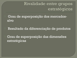  Grau de superposição dos mercados-alvo 
 Resultado da diferenciação de produtos 
 Grau de superposição das dimensões 
estratégicas 
 