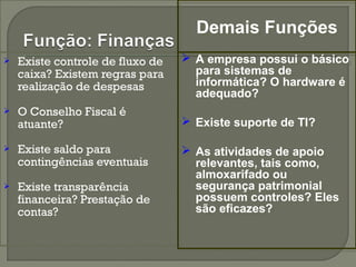  Existe controle de fluxo de 
caixa? Existem regras para 
realização de despesas 
 O Conselho Fiscal é 
atuante? 
 Existe saldo para 
contingências eventuais 
 Existe transparência 
financeira? Prestação de 
contas? 
DDeemmaaiiss FFuunnççõõeess 
 A empresa possui o básico 
para sistemas de 
informática? O hardware é 
adequado? 
 Existe suporte de TI? 
 As atividades de apoio 
relevantes, tais como, 
almoxarifado ou 
segurança patrimonial 
possuem controles? Eles 
são eficazes? 
 A empresa possui o básico 
para sistemas de 
informática? O hardware é 
adequado? 
 Existe suporte de TI? 
 As atividades de apoio 
relevantes, tais como, 
almoxarifado ou 
segurança patrimonial 
possuem controles? Eles 
são eficazes? 
 