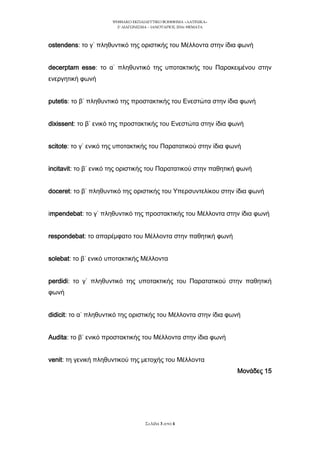 ΨΗΥΙΑΚΟ ΕΚΠΑΙΔΕΤΣΙΚΟ ΒΟΗΘΗΜΑ «ΛΑΣΙΝΙΚΑ»
2o
ΔΙΑΓΩΝΙ΢ΜΑ – ΙΑΝΟΤΑΡΙΟ΢ 2016: ΘΕΜΑΣΑ
΢ελίδα 3 από 4
ostendens: το γ΄ πληθυντικό της οριστικής του Μέλλοντα στην ίδια φωνή
decerptam esse: το α΄ πληθυντικό της υποτακτικής του Παρακειμένου στην
ενεργητική φωνή
putetis: το β΄ πληθυντικό της προστακτικής του Ενεστώτα στην ίδια φωνή
dixissent: το β΄ ενικό της προστακτικής του Ενεστώτα στην ίδια φωνή
scitote: το γ΄ ενικό της υποτακτικής του Παρατατικού στην ίδια φωνή
incitavit: το β΄ ενικό της οριστικής του Παρατατικού στην παθητική φωνή
doceret: το β΄ πληθυντικό της οριστικής του Τπερσυντελίκου στην ίδια φωνή
impendebat: το γ΄ πληθυντικό της προστακτικής του Μέλλοντα στην ίδια φωνή
respondebat: το απαρέμφατο του Μέλλοντα στην παθητική φωνή
solebat: το β΄ ενικό υποτακτικής Μέλλοντα
perdidi: το γ΄ πληθυντικό της υποτακτικής του Παρατατικού στην παθητική
φωνή
didicit: το α΄ πληθυντικό της οριστικής του Μέλλοντα στην ίδια φωνή
Audita: το β΄ ενικό προστακτικής του Μέλλοντα στην ίδια φωνή
venit: τη γενική πληθυντικού της μετοχής του Μέλλοντα
Μονάδες 15
 