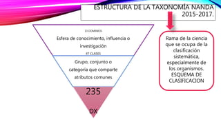 ESTRUCTURA DE LA TAXONOMÍA NANDA
2015-2017.
13 DOMINIOS
Esfera de conocimiento, influencia o
investigación
47 CLASES
Grupo, conjunto o
categoría que comparte
atributos comunes
235
DX
Rama de la ciencia
que se ocupa de la
clasificación
sistemática,
especialmente de
los organismos.
ESQUEMA DE
CLASIFICACION
 