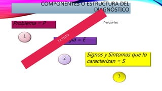 COMPONENTES O ESTRUCTURA DEL
DIAGNÓSTICO
Tres partes:Problema = P
1
3
2
Etiología = E
Signos y Síntomas que lo
caracterizan = S
 